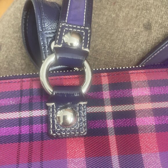 COACH Poppy Plaid Glam Tote Purple red Patent leather trim Bag - Picture 10 of 14
